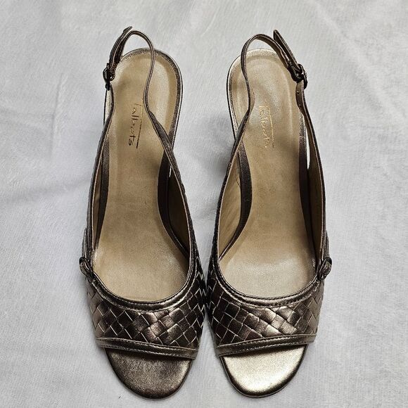 Talbots Slingback Sandal Open Toe Metallic Pewter Basketweave Leather Stacked - Picture 5 of 10